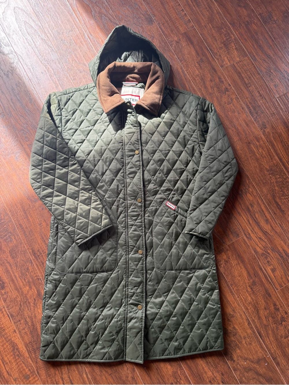 NWT Hunter Olive Green Long Quilted Hooded Coat with Brown Corduroy Collar